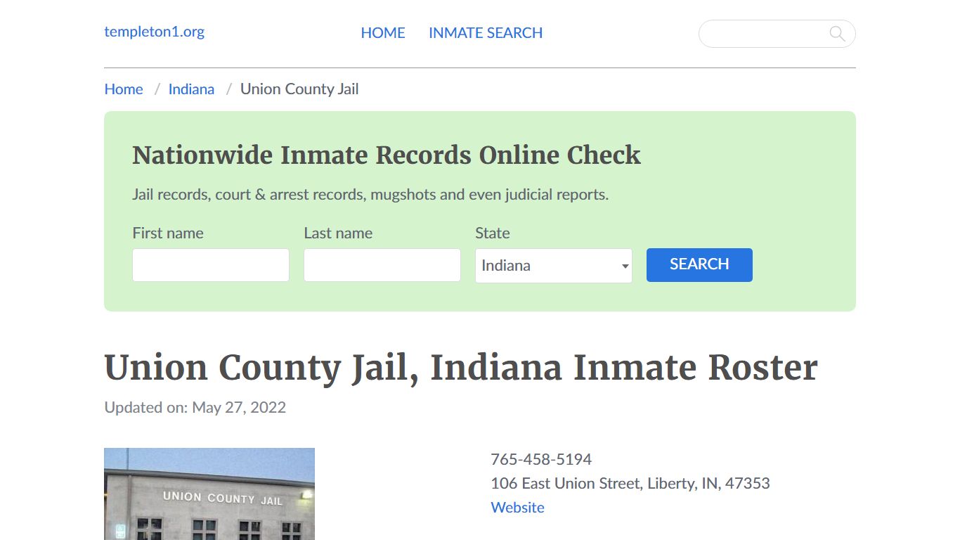 Union County Jail, Indiana Inmate Booking